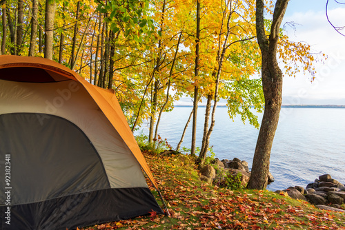 Tent camping in fall at the lakeshore