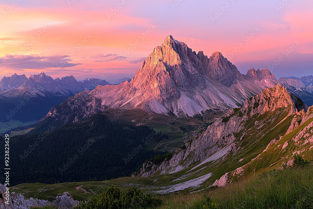 An alpine landscape panorama in the evening showcases the majestic Herzogstand Mountain An alpine landscape panorama in the evening showcases the majestic Herzogstand Mountain