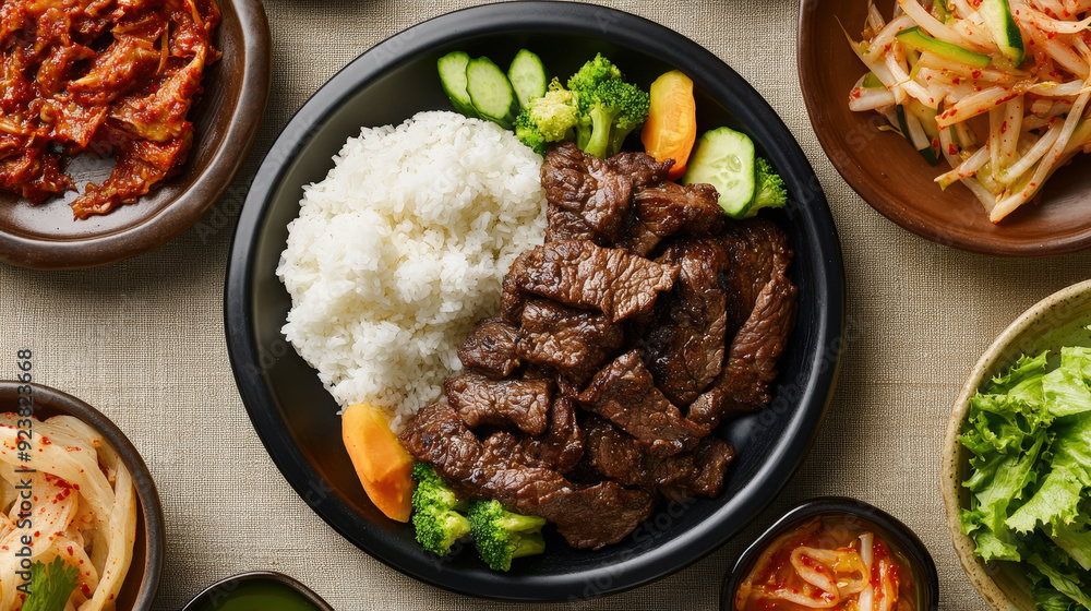 Traditional Korean BBQ Beef with Rice and Side Dishes on a Wooden Table Traditional Korean BBQ Beef with Rice and Side Dishes on a Wooden Table