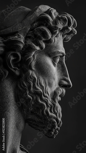Artistic Professional Photo, Greek Black Marble Sculpture of God With a Horse, Artistic, Black and White, The Sculpture is Complete Black and the Background