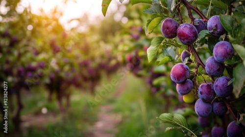 Plum orchard with trees full of ripe, purple plums in a well-maintained fruit garden.