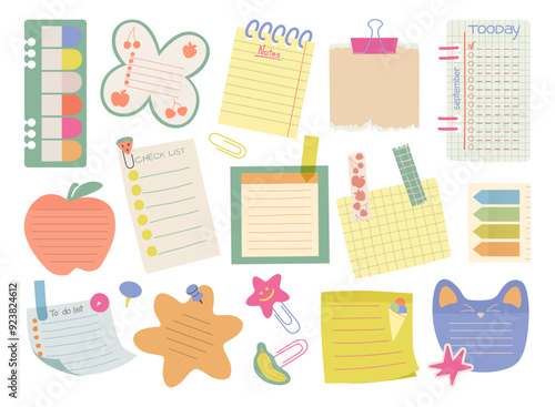 Stick paper notes set for school and office. Notepad paper sheets, memo stickers, paper clips, and sticky tapes. Pages for to do lists, messages, and notes. Vector isolated illustration collection.