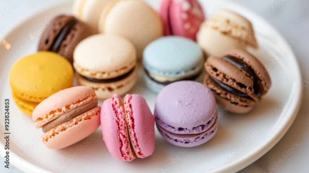 Fototapeta premium Colorful macarons arranged on a white plate