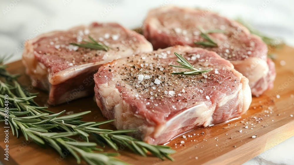 Raw pork chops on a cutting board, seasoned with salt, pepper, and fresh rosemary sprigs. Raw pork chops on a cutting board, seasoned with salt, pepper, and fresh rosemary sprigs.