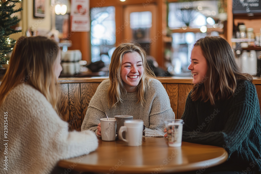Three young women enjoy coffee together at a cozy coffee shop. They are seated around a table, engaged in lively conversation and laughter Three young women enjoy coffee together at a cozy coffee shop. They are seated around a table, engaged in lively conversation and laughter