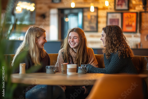 Three young women enjoy coffee together at a cozy coffee shop. They are seated around a table, engaged in lively conversation and laughter