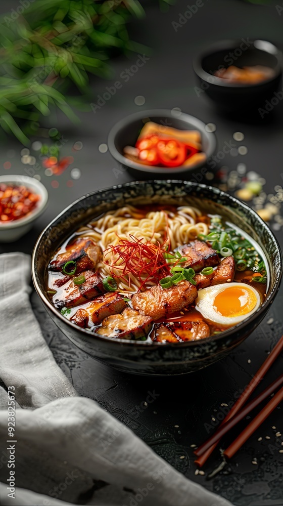 Japanese soup ramen in bowl on dark background. Commercial promotional food photo Japanese soup ramen in bowl on dark background. Commercial promotional food photo