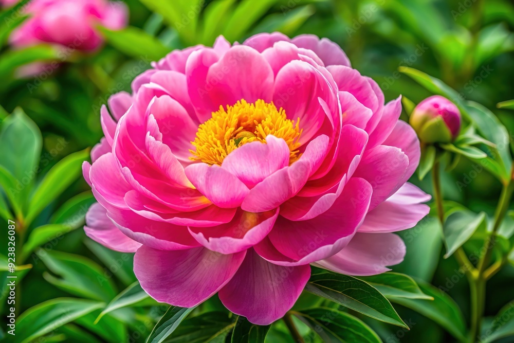 Vibrant pink peony bloom with delicate petals and yellow center shines against lush green leaves, creating a stunning floral backdrop for celebrations and greetings. Vibrant pink peony bloom with delicate petals and yellow center shines against lush green leaves, creating a stunning floral backdrop for celebrations and greetings.
