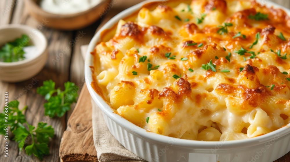 A serving of cheesy macaroni gratin A serving of cheesy macaroni gratin
