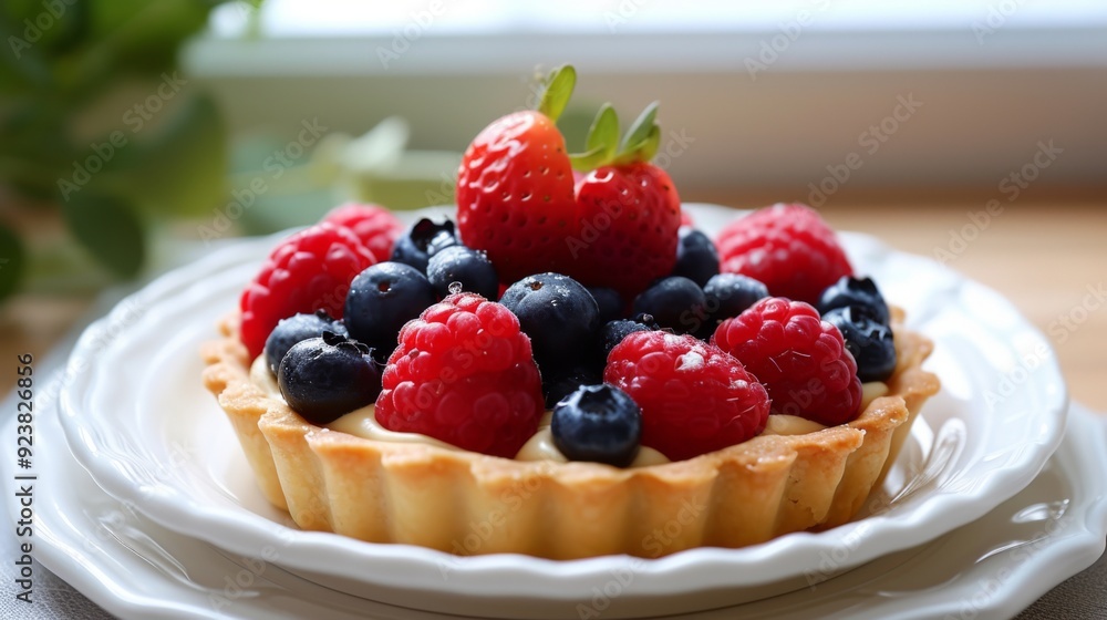 A delightful mini fruit tart topped with fresh berries and a light glaze A delightful mini fruit tart topped with fresh berries and a light glaze