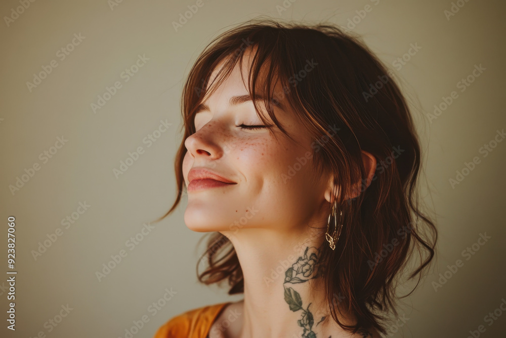 A close up of a woman's face with tattoos and her eyes closed A close up of a woman's face with tattoos and her eyes closed