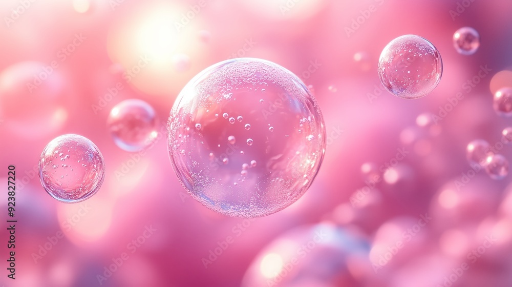 Bubbles floating in soft pink background with gentle light reflections Bubbles floating in soft pink background with gentle light reflections