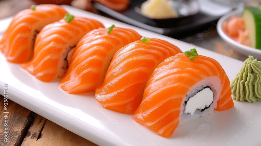 Fresh slices of salmon sushi nigiri arranged on a white plate Fresh slices of salmon sushi nigiri arranged on a white plate