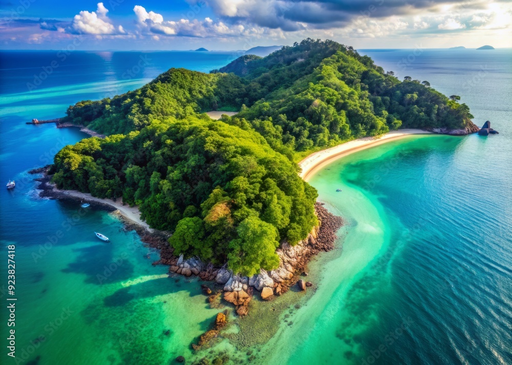 Breathtaking aerial view of a lush green island surrounded by turquoise ...