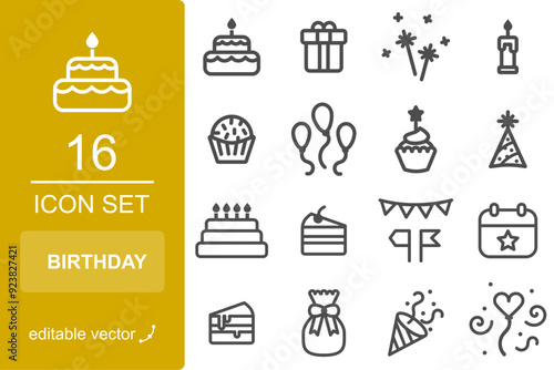 Linear birthday icon set for graphic design, creativity, party, celebration, anniversary commemoration resources. Cake, pastries, gift, balloons, candle, calendar, flags. Editable stroke EPS vector.