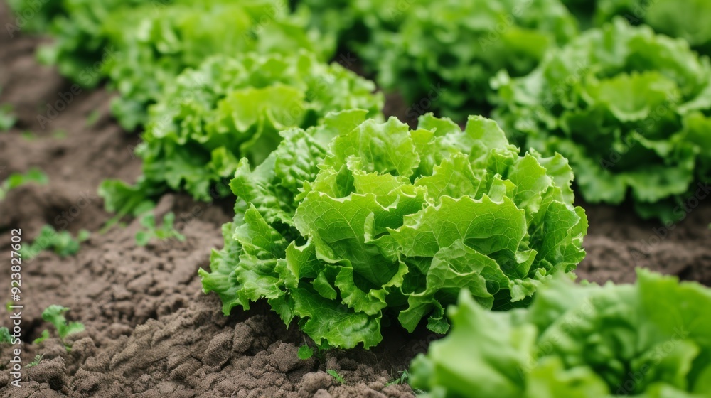 Fresh green lettuce plants growing in neat rows in a well-tended garden Fresh green lettuce plants growing in neat rows in a well-tended garden