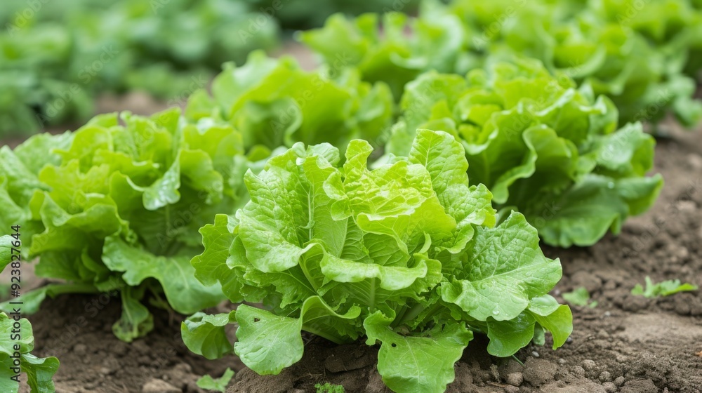 Fresh green lettuce plants growing in neat rows in a well-tended garden Fresh green lettuce plants growing in neat rows in a well-tended garden