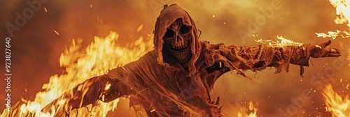 A chilling depiction of a menacing scarecrow wearing a hood and tattered clothing, extending its hand towards the viewer amidst a blazing fire, evoking a horror thriller atmosphere.