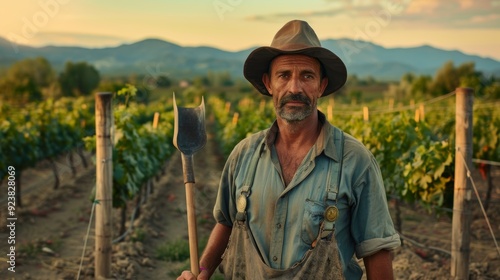 A man in modern farming attire, using a shovel in a vineyard with rows of grapevines. The backdrop includes a distant mountain range and a dramatic sunset.  photo