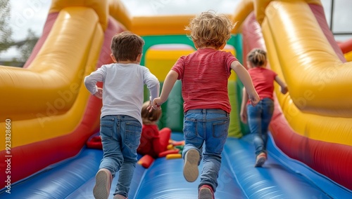 Children Running on Inflatable Bouncy Castle with Colorful Slides and Windows, Shot from Behind