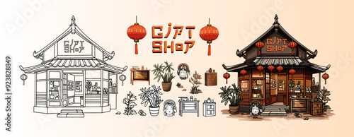 Chinese pagoda, souvenir shop, Japanese lanterns. Vector illustration