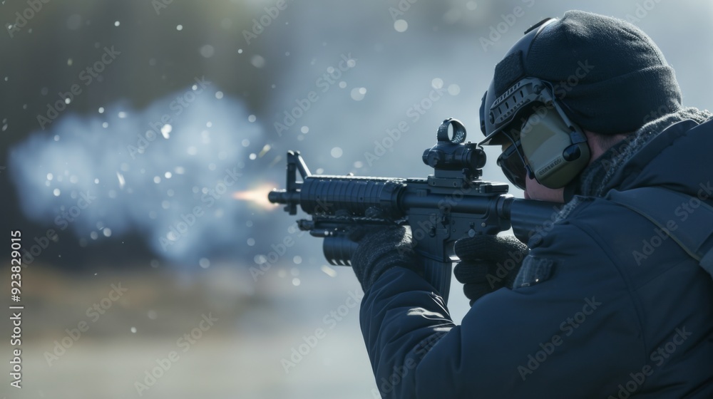 A man in protective gear firing an automatic rifle at an outdoor shooting range A man in protective gear firing an automatic rifle at an outdoor shooting range