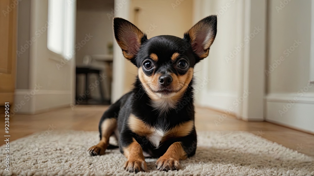 Black and tan smooth coat chihuahua dog in the living room Black and tan smooth coat chihuahua dog in the living room