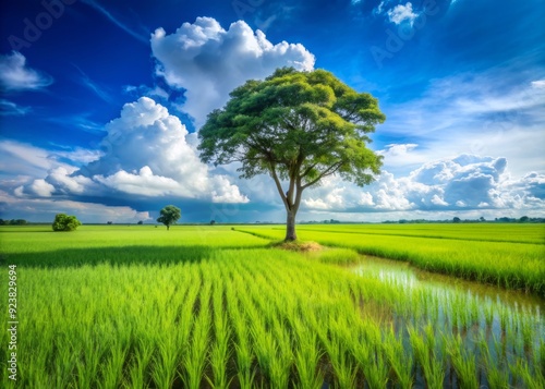 Serene landscape featuring a single ripened rice plant isolated amidst a lush green rice field, with a clear blue sky and a few puffy clouds.