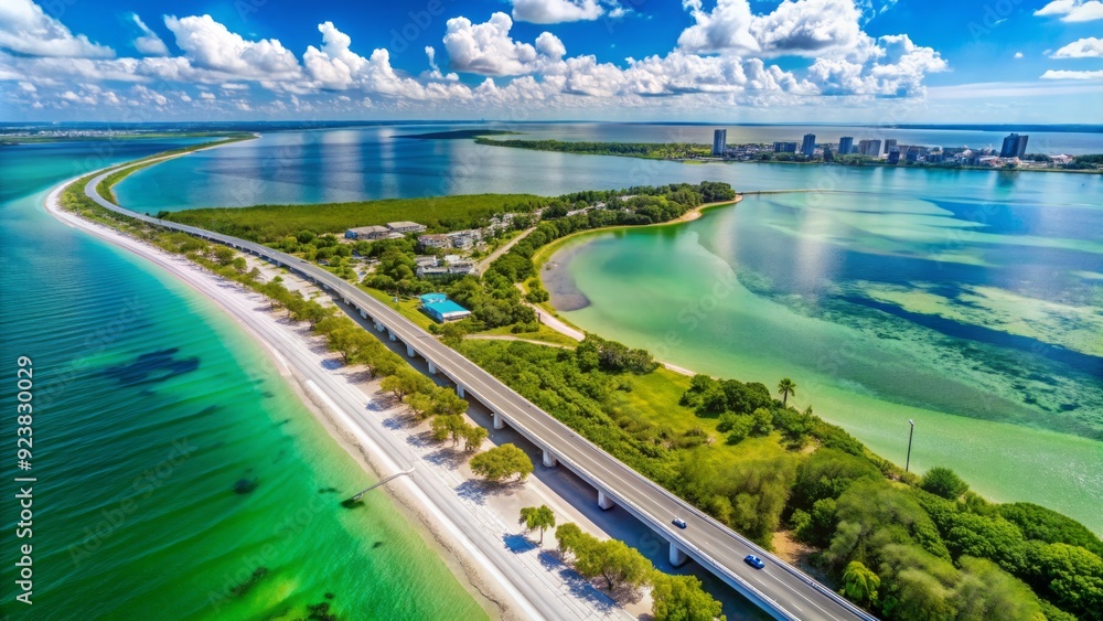 Fototapeta premium Bird's-eye view of Dunedin Causeway, Tampa Bay, Florida, showcasing pristine white sandy beaches, calm turquoise waters, and lush green vegetation surrounding the scenic drive.