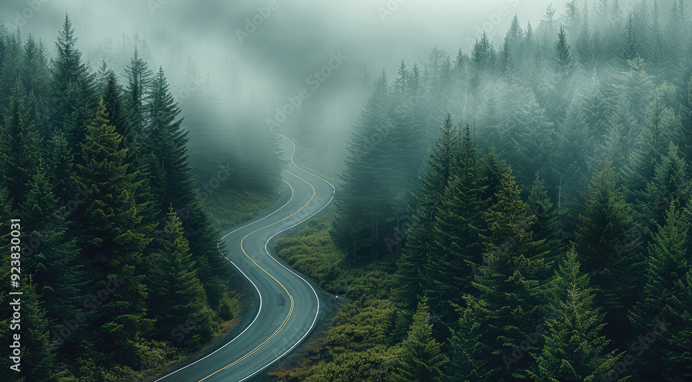 Winding road through dense pine forest, morning mist creating a mystical atmosphere. taken from an elevated position. Generative AI. Winding road through dense pine forest, morning mist creating a mystical atmosphere. taken from an elevated position. Generative AI.