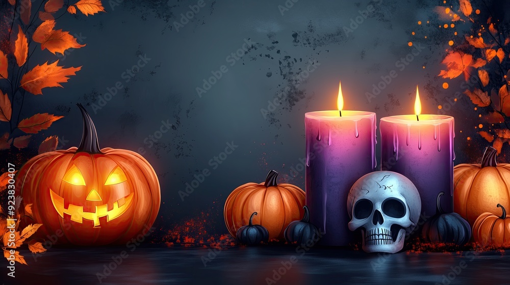 Halloween Decorations with Jack-O'-Lantern, Burning Candles, Pumpkins, and Skull - Festive Design for Posters and Cards Halloween Decorations with Jack-O'-Lantern, Burning Candles, Pumpkins, and Skull - Festive Design for Posters and Cards