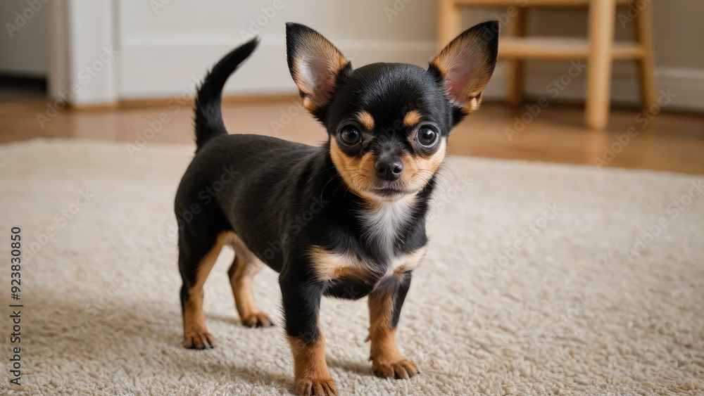 Black and tan smooth coat chihuahua dog in the living room Black and tan smooth coat chihuahua dog in the living room