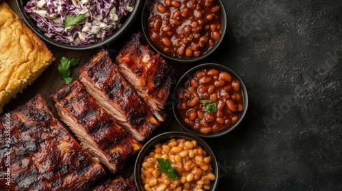 A mouth-watering serving of BBQ ribs, complemented with beans, coleslaw, and cornbread, highlighting a rich and flavorsome feast perfect for hearty appetites and food lovers. photo