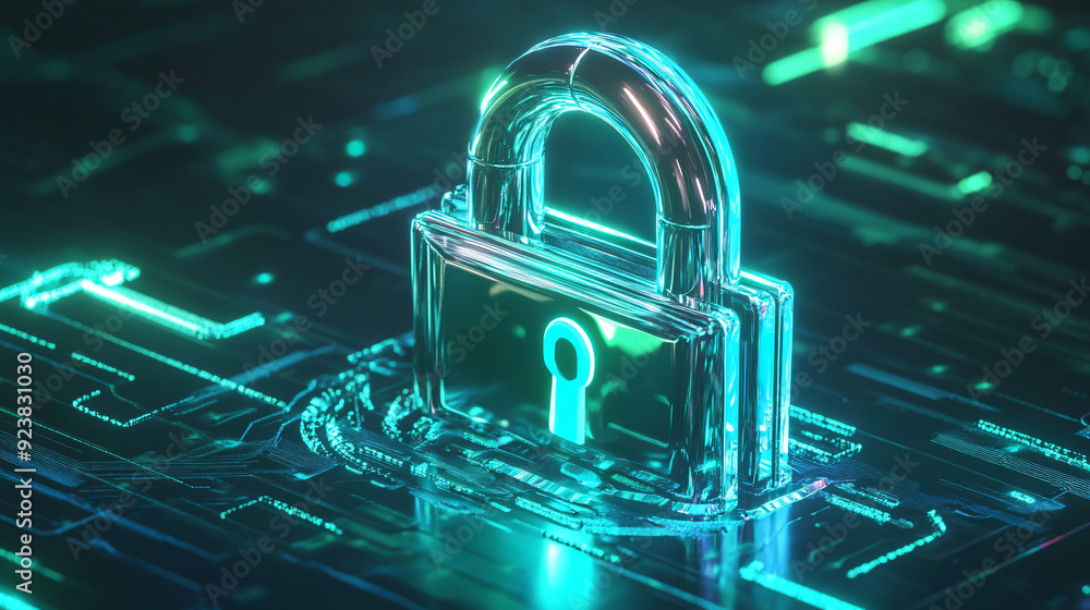 Cybersecurity lock icon made of metal with digital data streams flowing around Cybersecurity lock icon made of metal with digital data streams flowing around