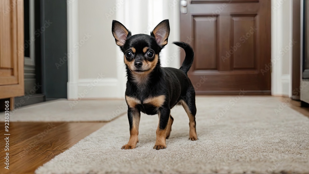 Black and tan smooth coat chihuahua dog in the living room Black and tan smooth coat chihuahua dog in the living room