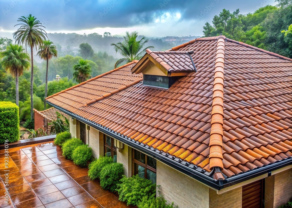Freshly cleaned by a recent downpour, the house's multi-tonal roof tiles glisten with dew, showcasing a vibrant, renewed appearance on a serene morning atmosphere. Freshly cleaned by a recent downpour, the house's multi-tonal roof tiles glisten with dew, showcasing a vibrant, renewed appearance on a serene morning atmosphere.