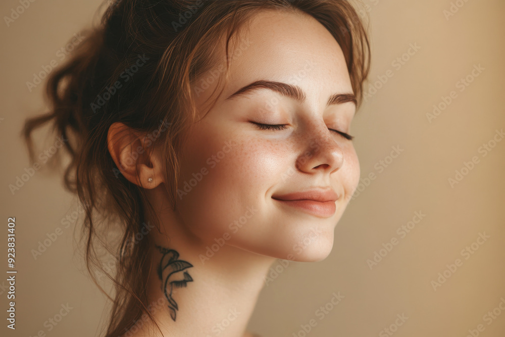 Fototapeta premium A close up of a woman's face with tattoos and her eyes closed
