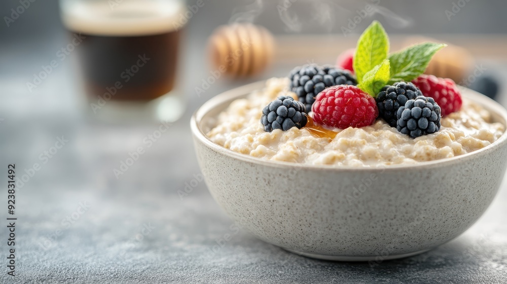 A steaming bowl of creamy oatmeal topped with raspberries, blackberries, and fresh mint leaves, sitting on a textured surface with honey drizzled lightly. A steaming bowl of creamy oatmeal topped with raspberries, blackberries, and fresh mint leaves, sitting on a textured surface with honey drizzled lightly.