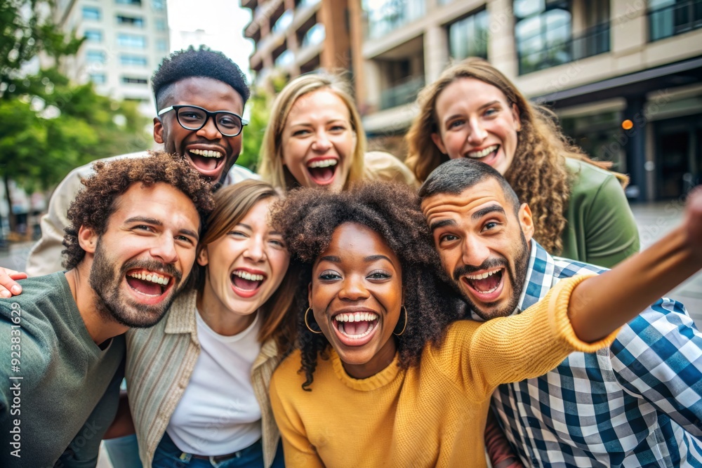Diverse group of cheerful friends of different racial backgrounds gathered together, laughing and making funny faces while taking a playful selfie in urban surroundings. Diverse group of cheerful friends of different racial backgrounds gathered together, laughing and making funny faces while taking a playful selfie in urban surroundings.