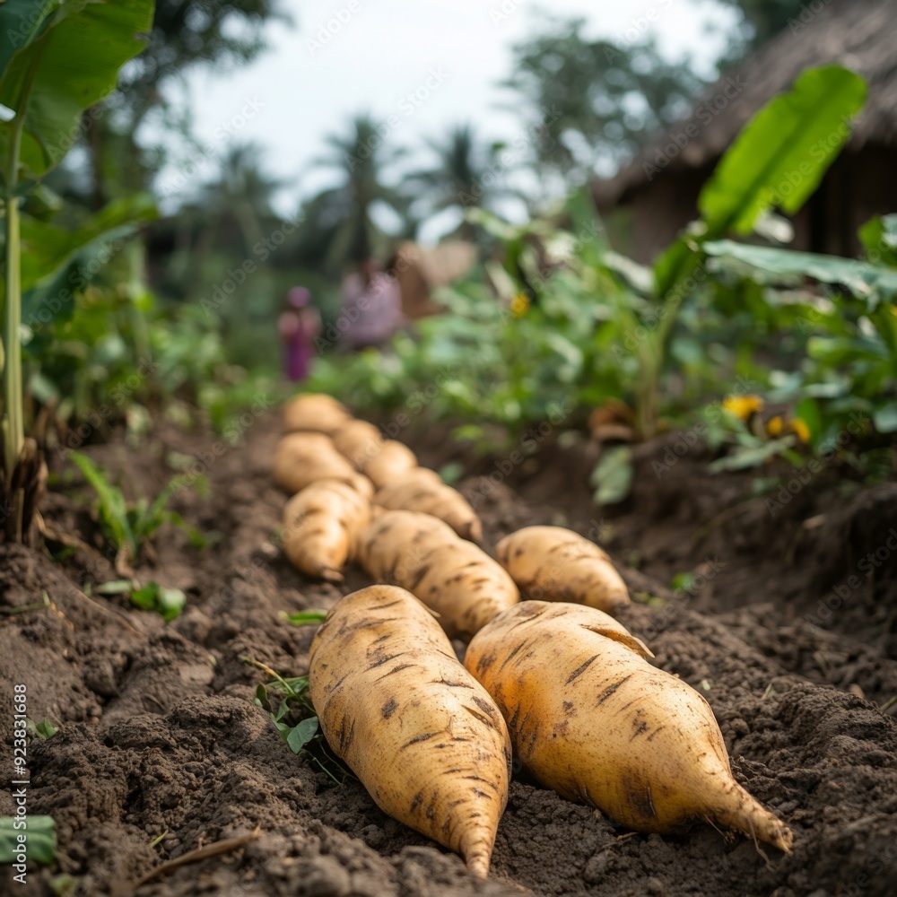 Freshly Harvested Indonesian Sweet Potatoes Laying on the Ground, Symbolizing Rich Tradition and Sustainable Agriculture. A Glimpse into the Heart of Indonesian Farming Culture. Freshly Harvested Indonesian Sweet Potatoes Laying on the Ground, Symbolizing Rich Tradition and Sustainable Agriculture. A Glimpse into the Heart of Indonesian Farming Culture.