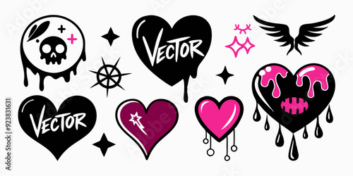 Heart tattoo emo sticker set, vector gothic graffiti love icon kit, black Valentine Day girly print. Liquid romantic silhouette, rock dripping romance sign, splash drops. Heart tattoo y2k collection 