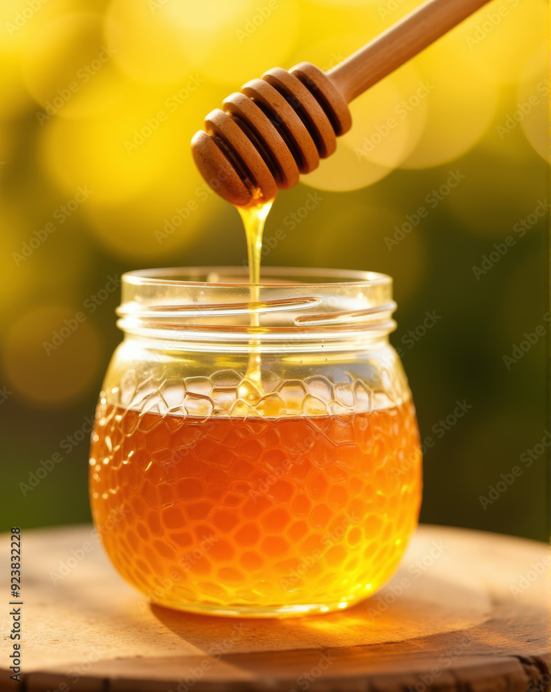 Honey dripping from a wooden dipper into a glass jar embossed with a honeycomb pattern, bathed in warm sunlight with a bokeh background. Honey dripping from a wooden dipper into a glass jar embossed with a honeycomb pattern, bathed in warm sunlight with a bokeh background.