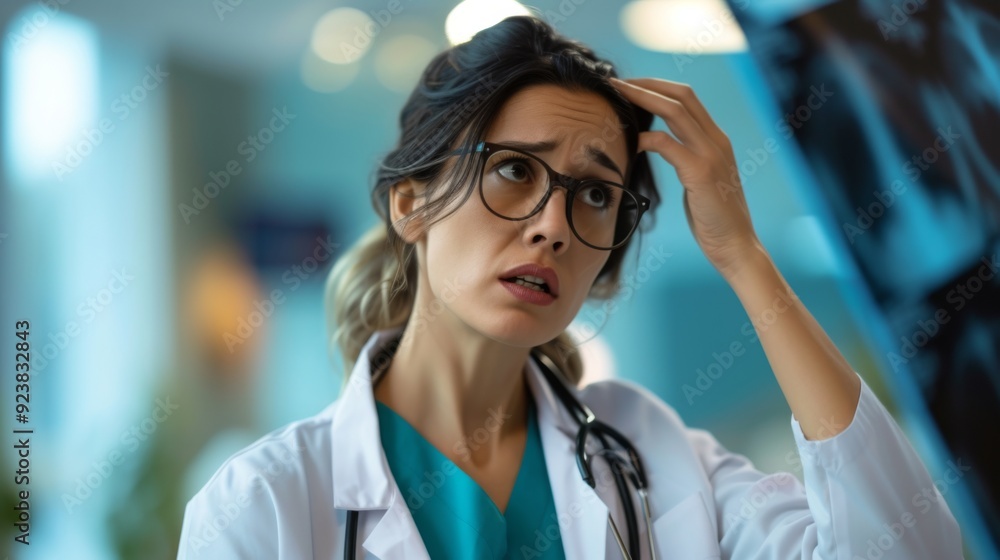 A doctor looking puzzled while examining a patient X-ray A doctor looking puzzled while examining a patient X-ray
