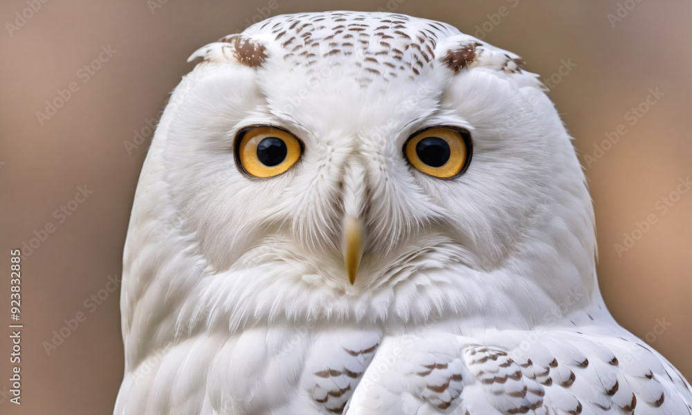 Obraz premium Majestic Snowy Owl Perched Against a Soft Brown Background During Winter Season