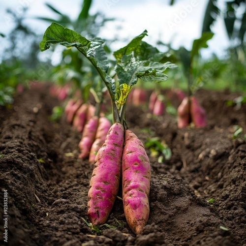 Freshly Harvested Indonesian Sweet Potatoes Laying on the Ground, Symbolizing Rich Tradition and Sustainable Agriculture. A Glimpse into the Heart of Indonesian Farming Culture.