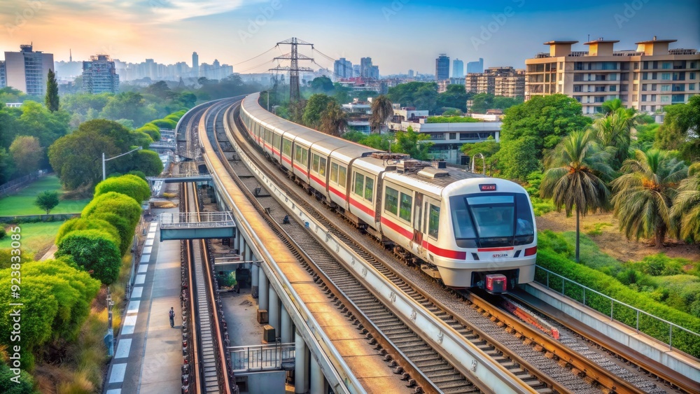 Modern commuter train speeds along tracks on Delhi-Meerut Regional Rapid Transit System, connecting cities in India's National Capital Region with efficient transportation solution. Modern commuter train speeds along tracks on Delhi-Meerut Regional Rapid Transit System, connecting cities in India's National Capital Region with efficient transportation solution.