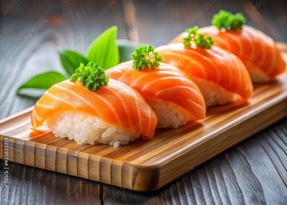 Freshly prepared salmon sushi, a popular Japanese street food, is beautifully presented on a wooden plate, symbolizing a thriving culinary business in the modern world. Freshly prepared salmon sushi, a popular Japanese street food, is beautifully presented on a wooden plate, symbolizing a thriving culinary business in the modern world.