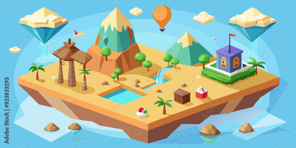Game island, iceberg, volcano, desert Egypt pyramid, vector isometric 3D floating land, jungle palm. Flying platform waterfall, penguin, summer tropical scene sand dune. Exotic nature game island kit Game island, iceberg, volcano, desert Egypt pyramid, vector isometric 3D floating land, jungle palm. Flying platform waterfall, penguin, summer tropical scene sand dune. Exotic nature game island kit
