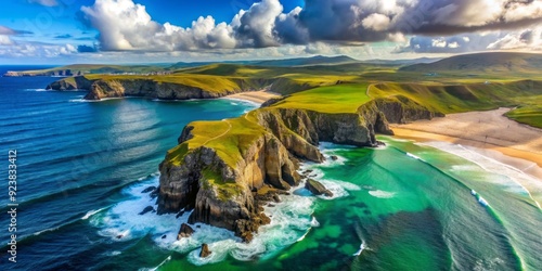 Breathtaking aerial view of rugged Muckros Head beach in Donegal, Ireland, showcasing dramatic cliffs, turquoise ocean, and windswept coastline in serene natural beauty. photo