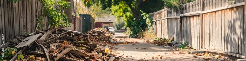 Yard waste accumulated beside a fence in a residential back alley. Yard waste accumulated beside a fence in a residential back alley.
